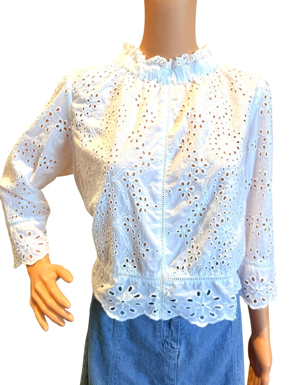 Jennifer & Grace White Eyelet Lace Cotton Blouse Ruffled Neck Peplum Size Medium